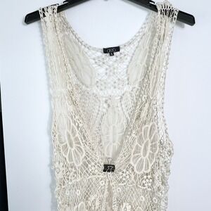 Deb Womens‎ Size M Ivory Crochet Lace Open Front Boho Festival Long Vest Top
